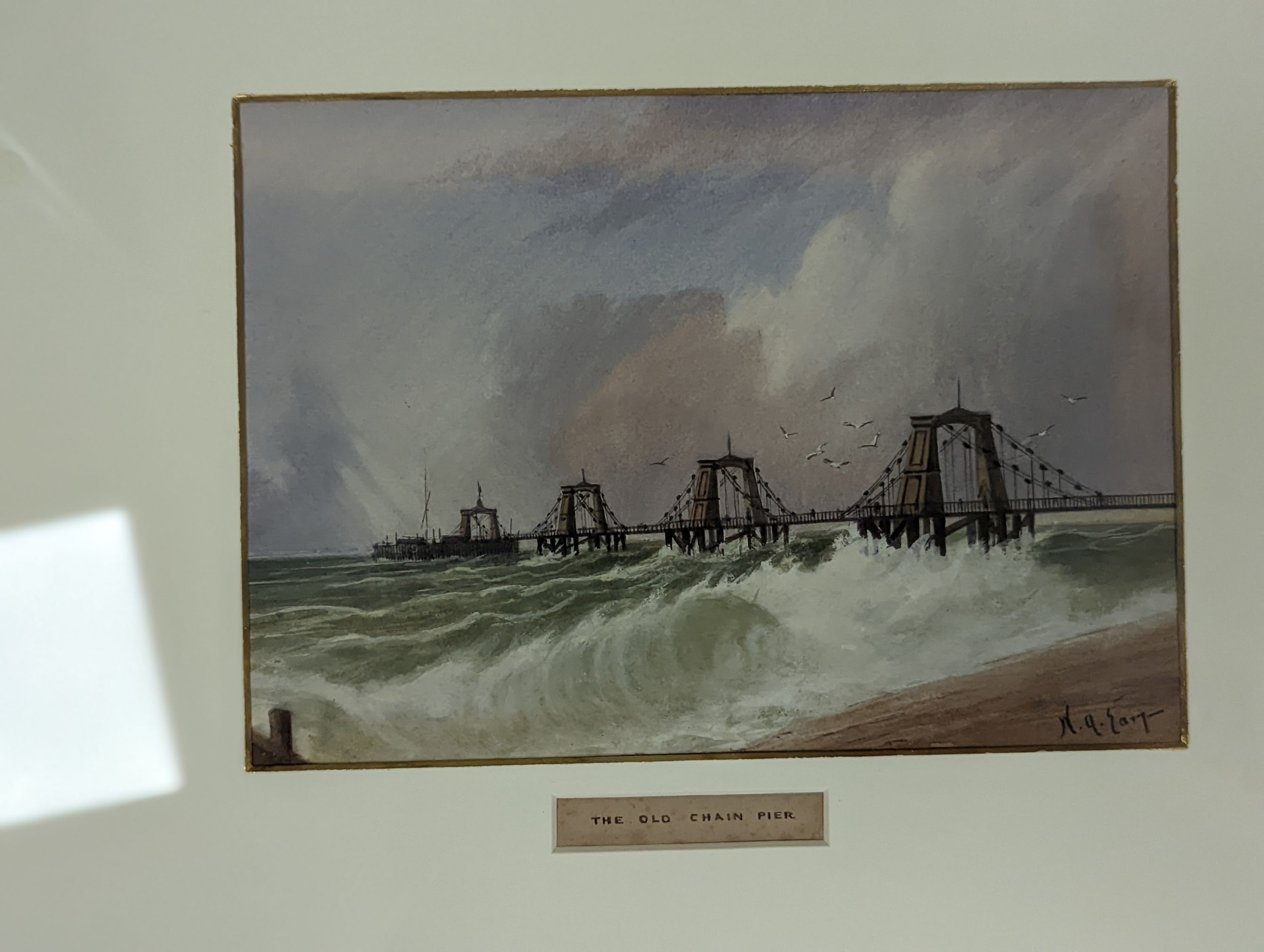 William Henry Earp (1831-1914), four watercolours, A view of Brighthelmstone 1785 and The Chain Pier 1828, The Old Chain Pier and Old Brighton 1810, signed, 15 x 22cm, with two colour prints of London